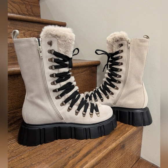 Browns B2 Tofino suede & faux fur platform moto combat boot cream Sz 9.5/10 EU40 - Picture 14 of 16